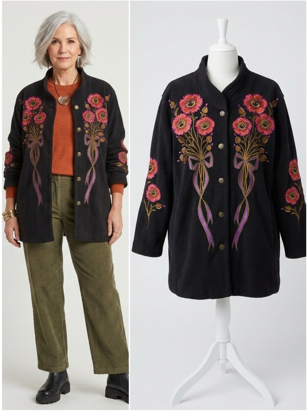 Bob Mackie Wearable Art Fleece Coat Jacket Floral Embroidered Plus Size 2X